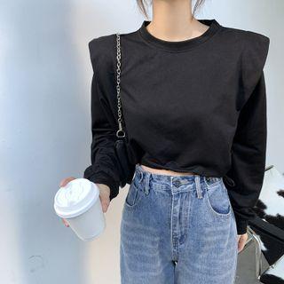 Long-sleeve Plain Irregular Drawstring Cropped Top