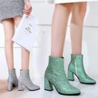 Pointy Sequined Chunky Heel Short Boots