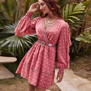 Long-sleeve V Neck Jacquard A-line Dress