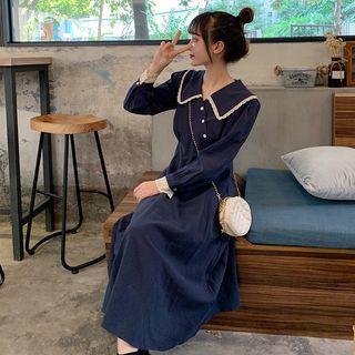 Long-sleeve Lace Trim Wide Collar A-line Midi Dress