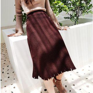 Fringed A-line Midi Knit Skirt