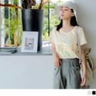 Embroidered Lettering Short-sleeve Round Neck T-shirt