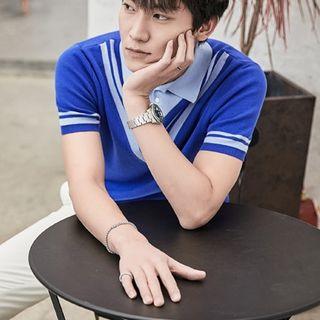 Mock Two-piece Short-sleeve Collared Knit Top
