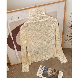 Mock-neck Laced Top Beige - One Size