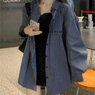 Long-sleeve Plaid Embroidered Loose Fit Shirt Plaid - Navy Blue - One Size
