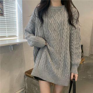 Plain Round-neck Cable Knit Long-sleeve Sweater