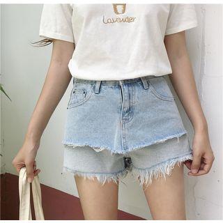 Layered Fray Hem Denim Shorts