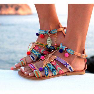 Pom Pom Detail Ankle Strap Sandals