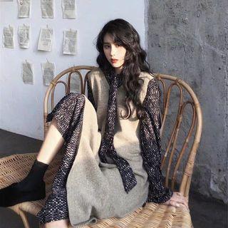 Set: Bell-sleeve Midi Printed Dress + Midi Knit Tank Dress