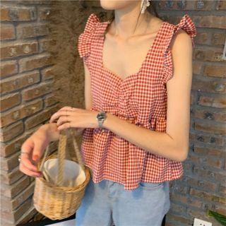Sleeveless Ruffled Gingham Blouse