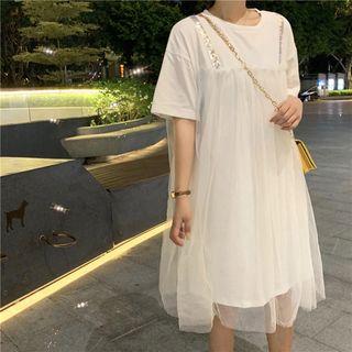 Patchwork Mesh-overlay Mini Dress White - One Size