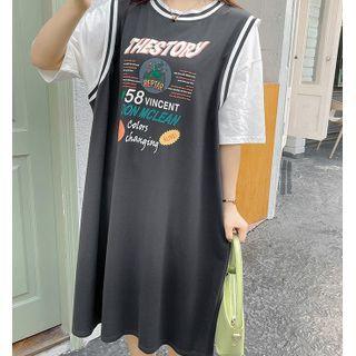 Mock Two-piece Lettering Print Midi T-shirt Dress