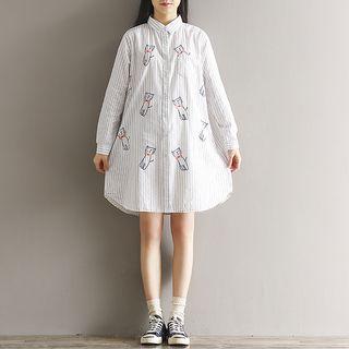 Cat Print Striped Shirtdress