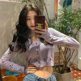 Embroidered Cropped Cardigan Purple - One Size