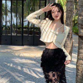 Square-neck Blouse / Lace Trim Midi A-line Skirt
