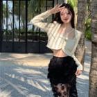 Square-neck Blouse / Lace Trim Midi A-line Skirt