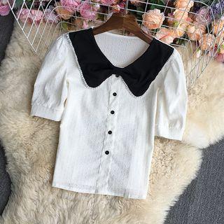 Elbow-sleeve Collar Two-tone Top
