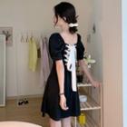 Short-sleeve Lace-up A-line Dress Black - One Size