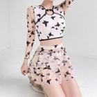 Set: Long-sleeve Butterfly Print Tankini Top + Swim Skirt