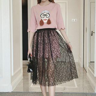 Set: Printed Elbow Sleeve T-shirt Dress + Mesh Midi Skirt