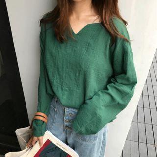 Plain Split Neck Long Sleeve Top