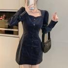 Long-sleeve Button-up Corduroy Mini A-line Dress