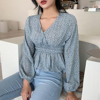 Smocked-waist Floral Print Blouse Sky Blue - One Size
