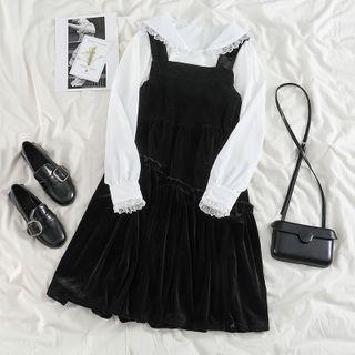 Lace Long-sleeve Blouse / Velvet Sleeveless Dress