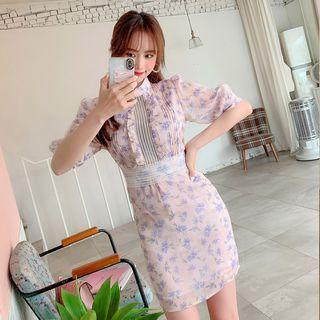Stand-collar Lace-trim Floral Dress
