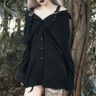 Cold Shoulder Long-sleeve Shirt Dress Black - One Size