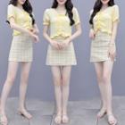 Set: Short-sleeve Frill Trim Top + Plaid A-line Mini Skirt