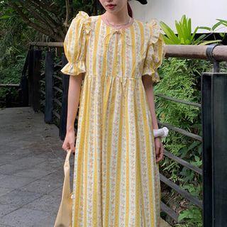Short-sleeve Striped Floral Midi Smock Dress