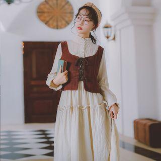 Set: Frill Trim Long Sleeve Dress + Lace-up Vest