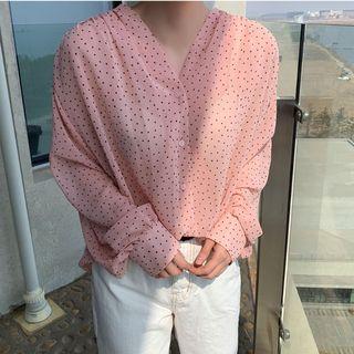 V-neck Dotted Blouse Pink - One Size