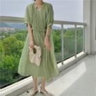Balloon-sleeve Floral Print Midi Chiffon Dress Green - One Size
