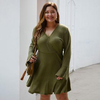 Long-sleeve V Neck Knitted A-line Dress