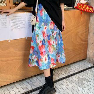 Floral Printed Midi A-line Skirt Skirt - Blue - One Size