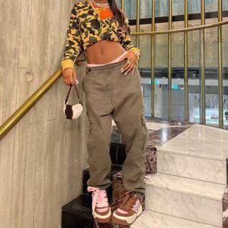 Pocket Detail Loose Fit Low Waist Pants