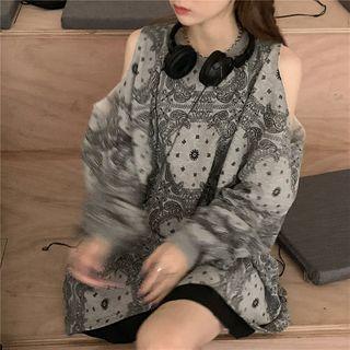 Printed Cold Shoulder T-shirt Gray - One Size