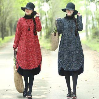 Fleece-lined Floral Long-sleeve Midi Dress