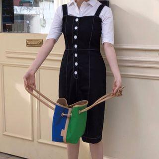Buttoned Wide-strap Sheath Denim Dress Dress - One Size