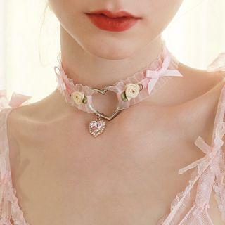 Rhinestone Heart Flower Detail Mesh Choker