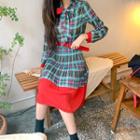 Belted Tie-neck Piped Midi Plaid Dress Red - One Size