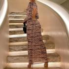 Long Sleeve Open-back Printed Sheath Midi Dress