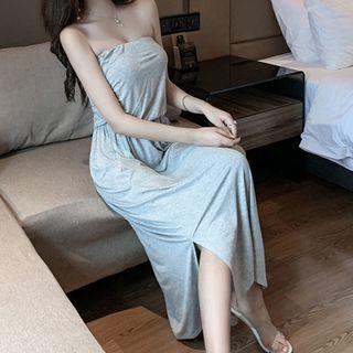 Plain Strapless Side-slit Midi Dress