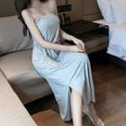 Plain Strapless Side-slit Midi Dress
