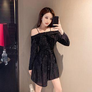 Long-sleeve Cold Shoulder Striped Mini Dress