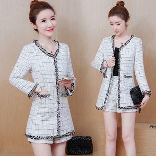 Contrast Trim Button Jacket / High Waist Shorts / Cropped Jacket / Crew-neck Sleeveless A-line Dress / Set