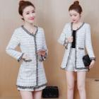 Contrast Trim Button Jacket / High Waist Shorts / Cropped Jacket / Crew-neck Sleeveless A-line Dress / Set