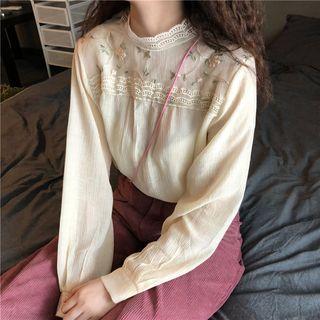 Flower Embroidered Panel Mock-turtleneck Flower Trim Panel Shirt